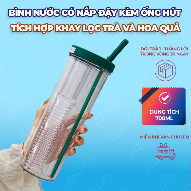 Bình Nước Có Ống Hút Trong Suốt Có Khay Lọc Trà Và Trái Cây, Bình Đựng Nước Detox Có Nắp Đậy Kèm Ống Hút Dung Tích 700ml