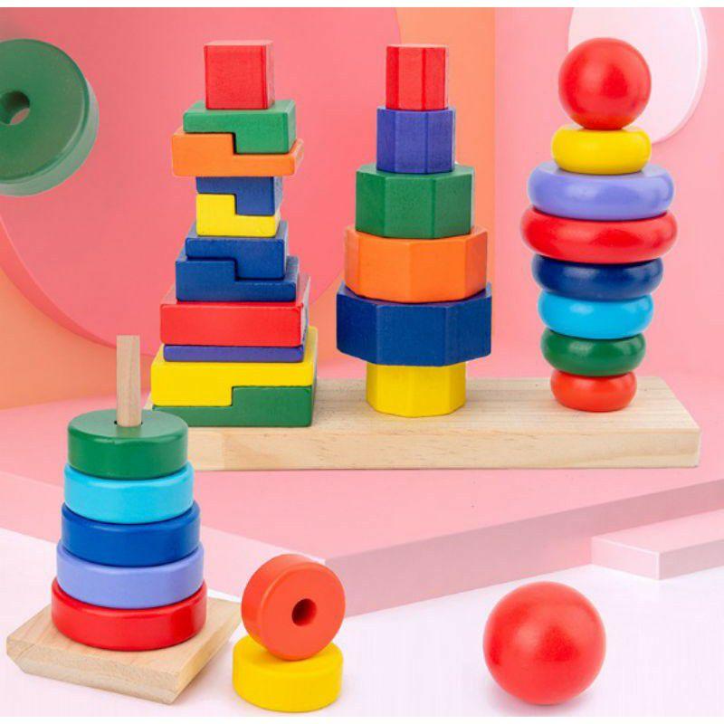 Đồ chơi tháp chồng 3 cọc gỗ Montessori loại to - đồ chơi phát triển trí tuệ