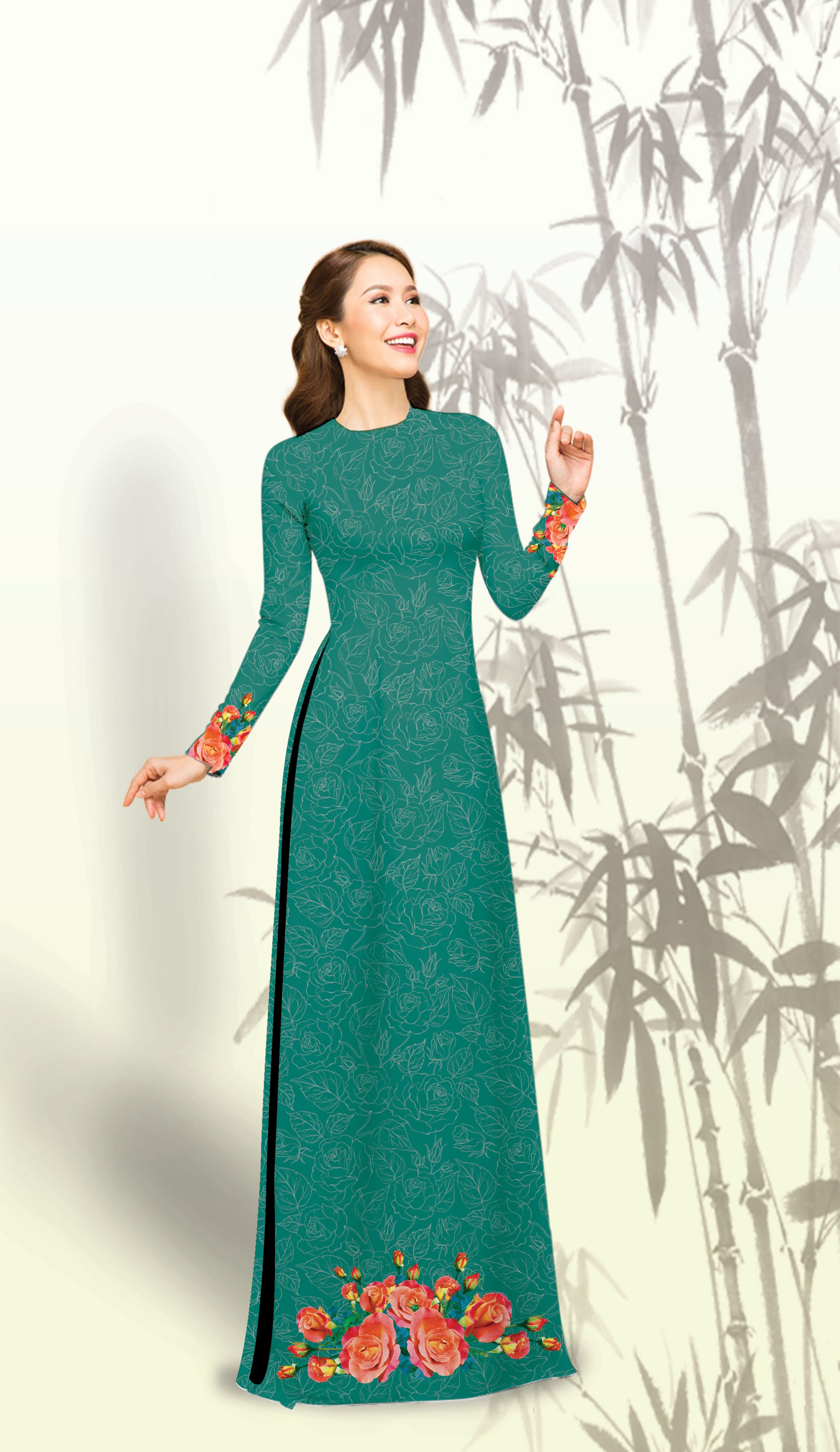ÁO DÀI TRUYỀN THỐNG IN HOA HỒNG ĐEN CAO CẤP - KHÔNG KÈM QUẦN