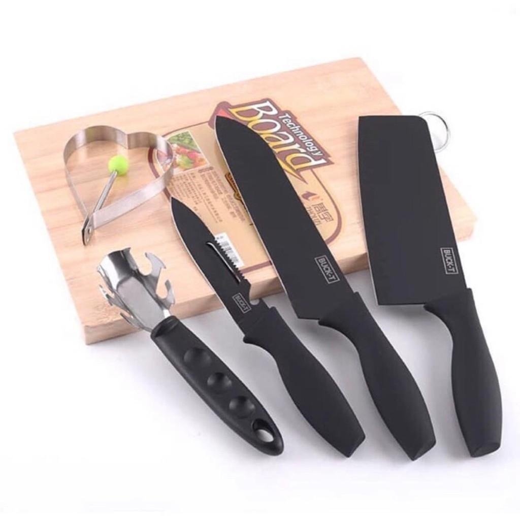 Bộ Dao 5 Món Làm Bếp Đa Năng Siêu Bén Hợp Kim Thép Không Gỉ Cao Cấp - T65S Màu Đen