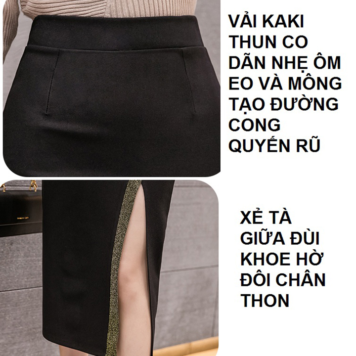 Chân váy body xẻ tà viền kim tuyến C052