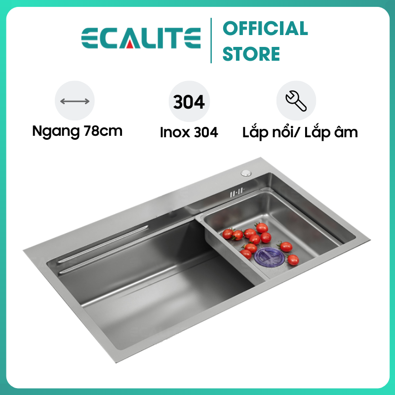 Chậu Rửa Chén Ecalite ES-N17845HS - Lắp Nổi/Lắp Âm - Inox 304 Cao Cấp - 1 Ngăn Cực Rộng - Hàng Chính Hãng