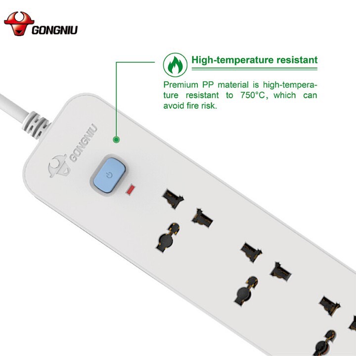 Ổ Cắm Điện Gongniu 3 Ổ Đa Năng + 2 USB 1 công tắc 2500W/10A Dây Dài 1.8M - Hàng Chính Hãng