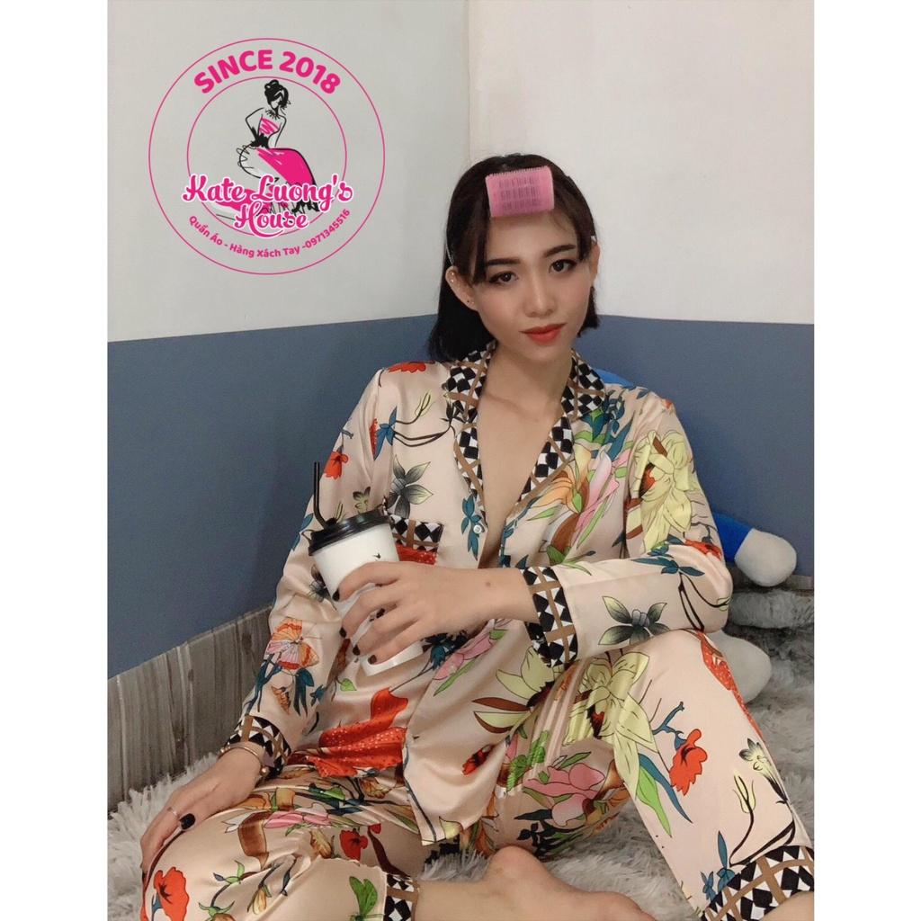 3.14. KLHSTORE2018 Bộ ngủ Pijama satin có 2 túi hoạ tiết hoa hồng NUDE chạy viền cổ sọc