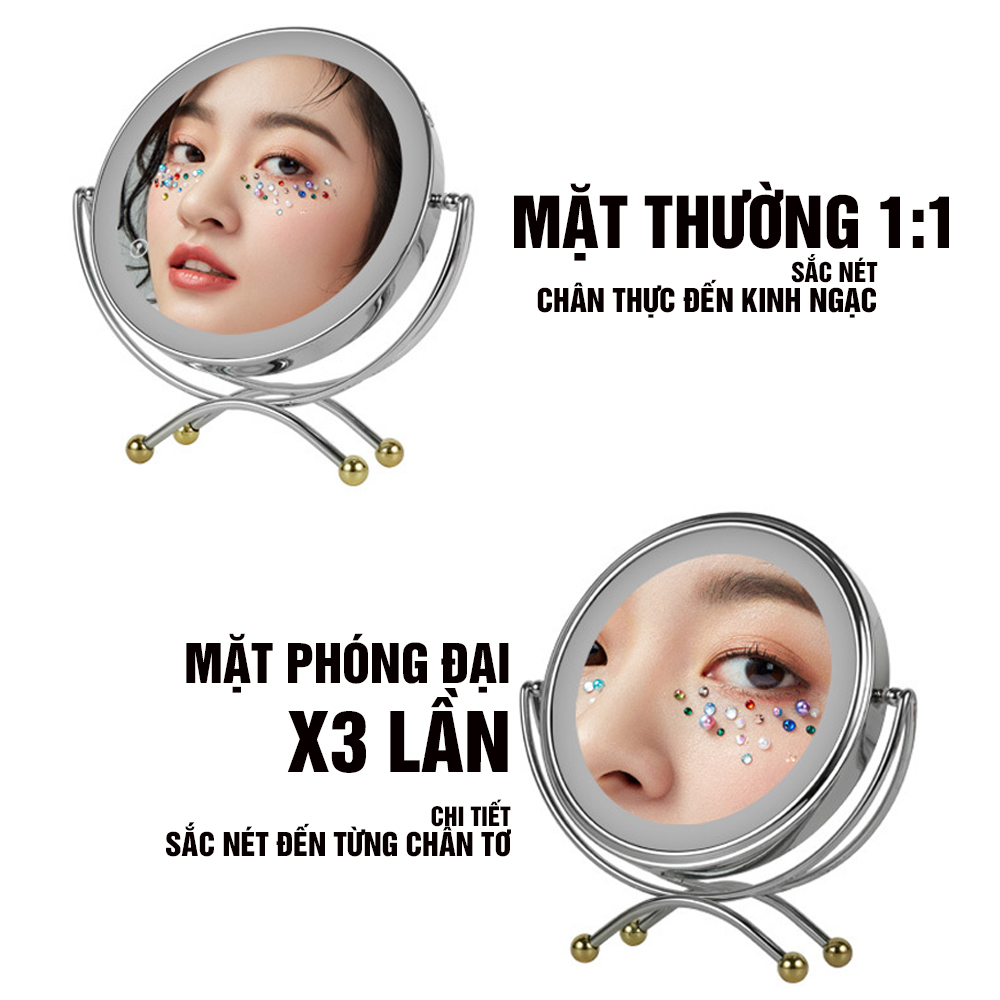 Gương trang điểm đèn LED Chân Xòe cảm ứng để bàn phóng đại 3 lần, xoay 360 độ, 2 mặt Minh House