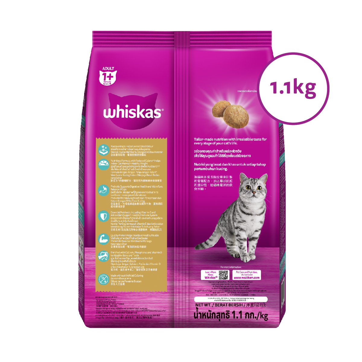 WHISKAS Indoor Formula Dry Cat Food for Adult Cats, 1.1 kg