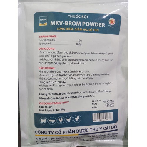 Thuốc bột MKV-BROMPODER Giảm ho, long đờm, tiêu chất nhày trong các bệnh viêm phế quản, viêm phổi ở gia súc, gia cầm.