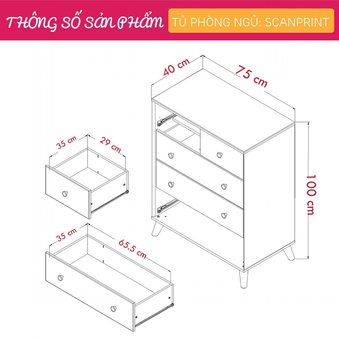 Tủ phòng ngủ gỗ hiện đại SMLIFE Scanpint | Gỗ MDF dày 17mm chống ẩm | D75xR40xC100cm