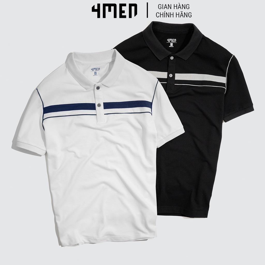 Áo thun polo nam đẹp 4MEN PO043 có cổ trụ bẻ vải cá sấu cotton hàng hiệu phối màu kẻ ngang, viền nách mới lạ, trẻ trung