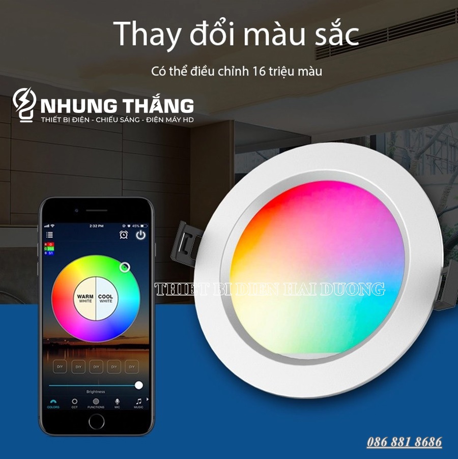 Đèn LED Downlight Âm Trần DL-607 - Điều Khiển Qua APP Điện Thoại TUYA , Bluetooth - Khoét Lỗ 70-80mm - 16 Triệu Màu - CÓ VIDEO