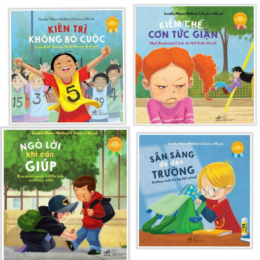 Combo Sách Kỹ Năng Song Ngữ Kiên Trì Không Bỏ Cuộc - Kiềm Chế Cơn Tức Giận - Ngõ Lời Khi Cần Giúp - Sẵn Sàng Để Đến Trường Tặng Bookmark Thiết Kế Aha