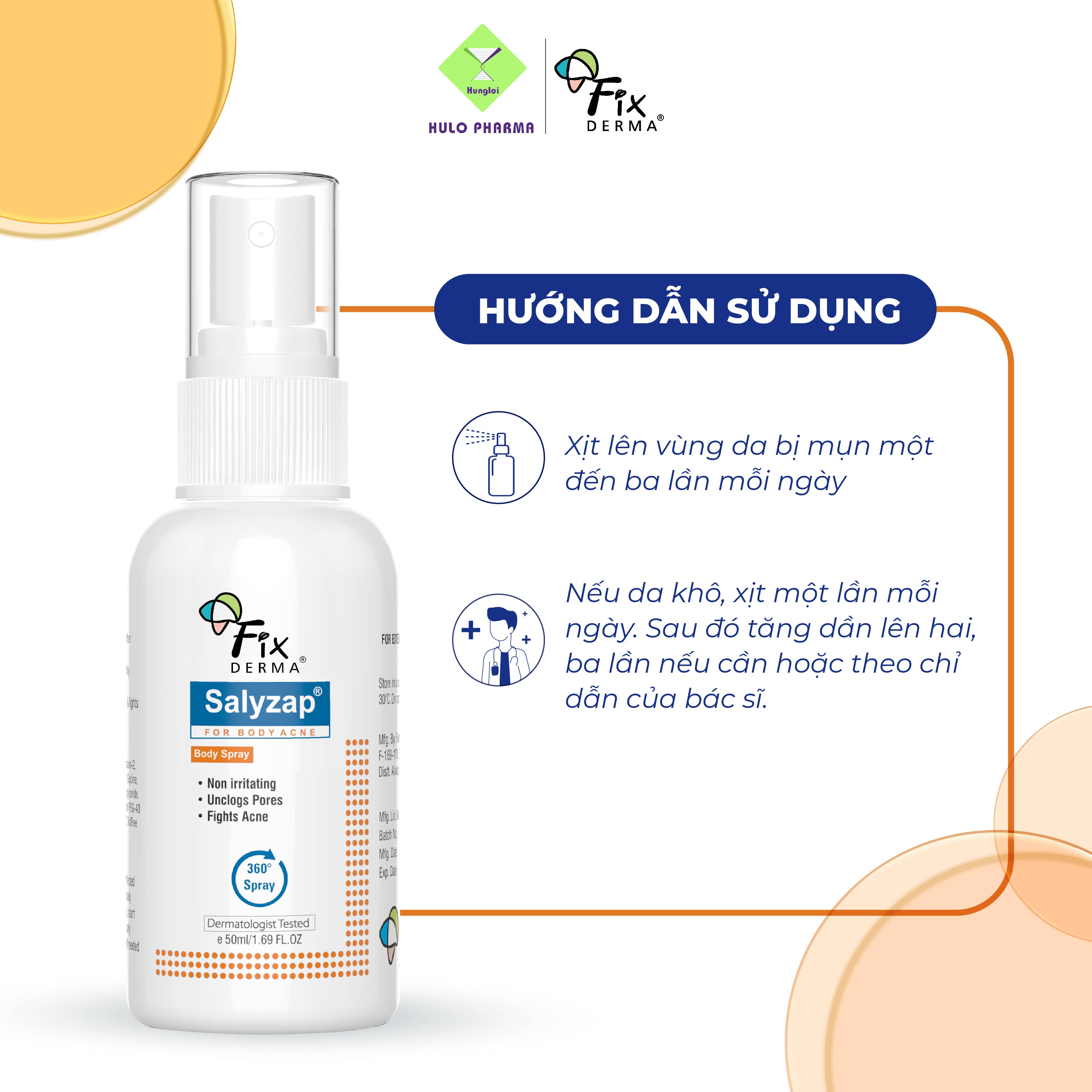 Xịt Mụn Lưng FIXDERMA Salyzap For Body Spray Ngừa Mụn, Giảm Viêm, Ngăn Dày Sừng Nang Lông Giúp Da Sáng Mịn, Giảm Thâm Mụn 50ml [Hùng Lợi]