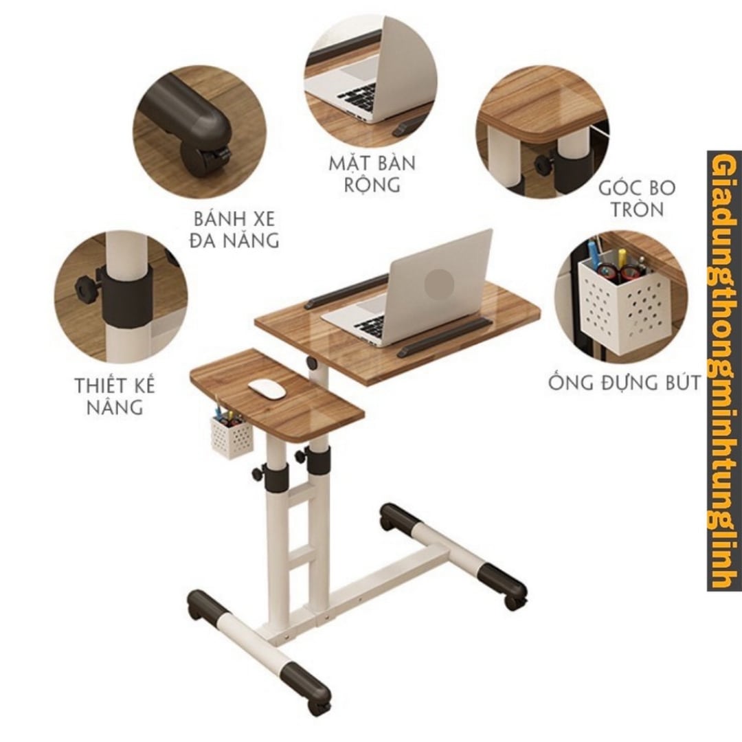 Bàn Laptop Di Động Thông Minh nâng hạ chiều cao, có bánh xe di chuyển - Mặt bàn điểu chỉnh độ nghiêng kèm giỏ bút