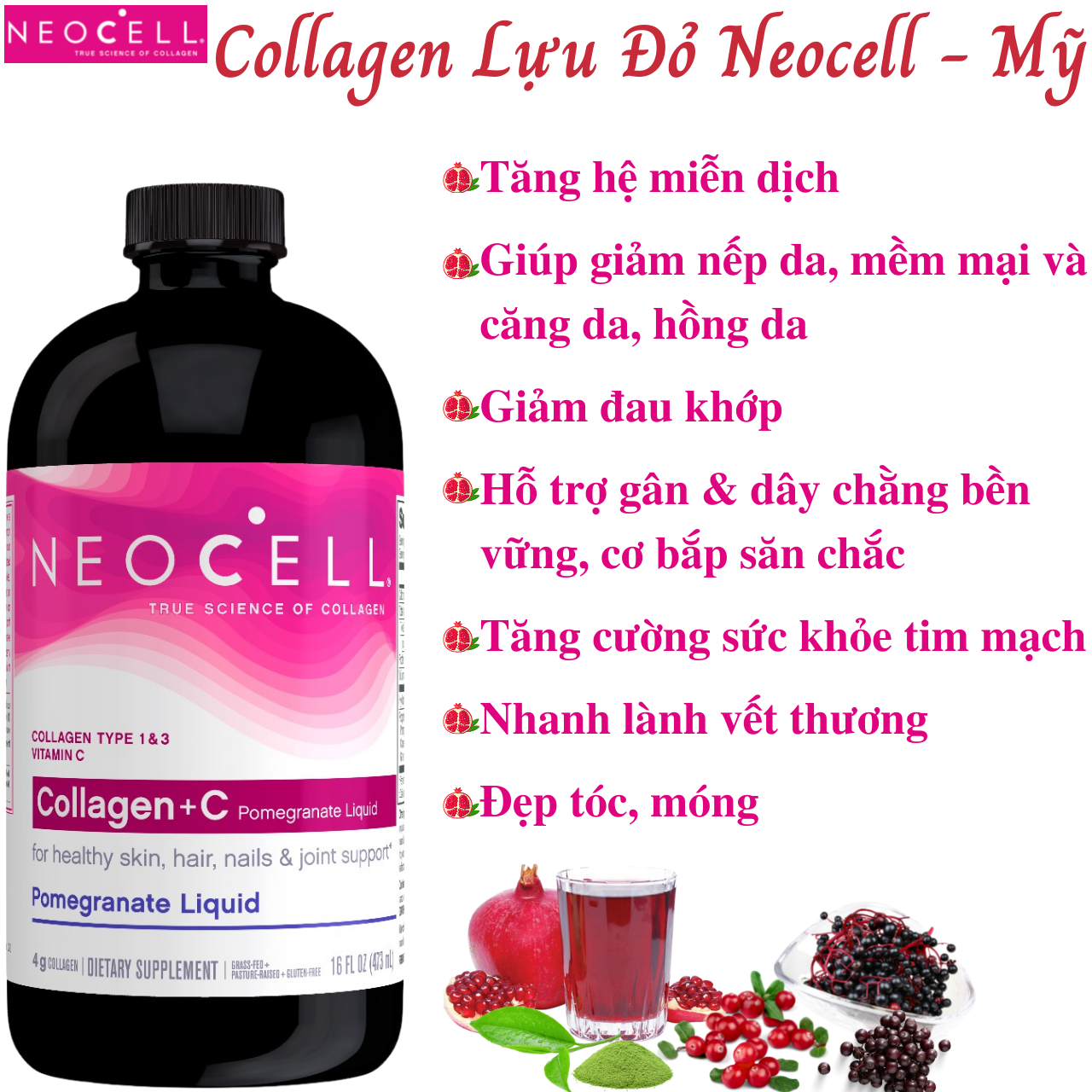 Collagen nước lựa đỏ Neocell Collagen +C Mỹ Tạo sức khỏe cùng đẹp từ bên trong cho da, tóc, móng, xương khớp - Massel Official – 473ml/chai