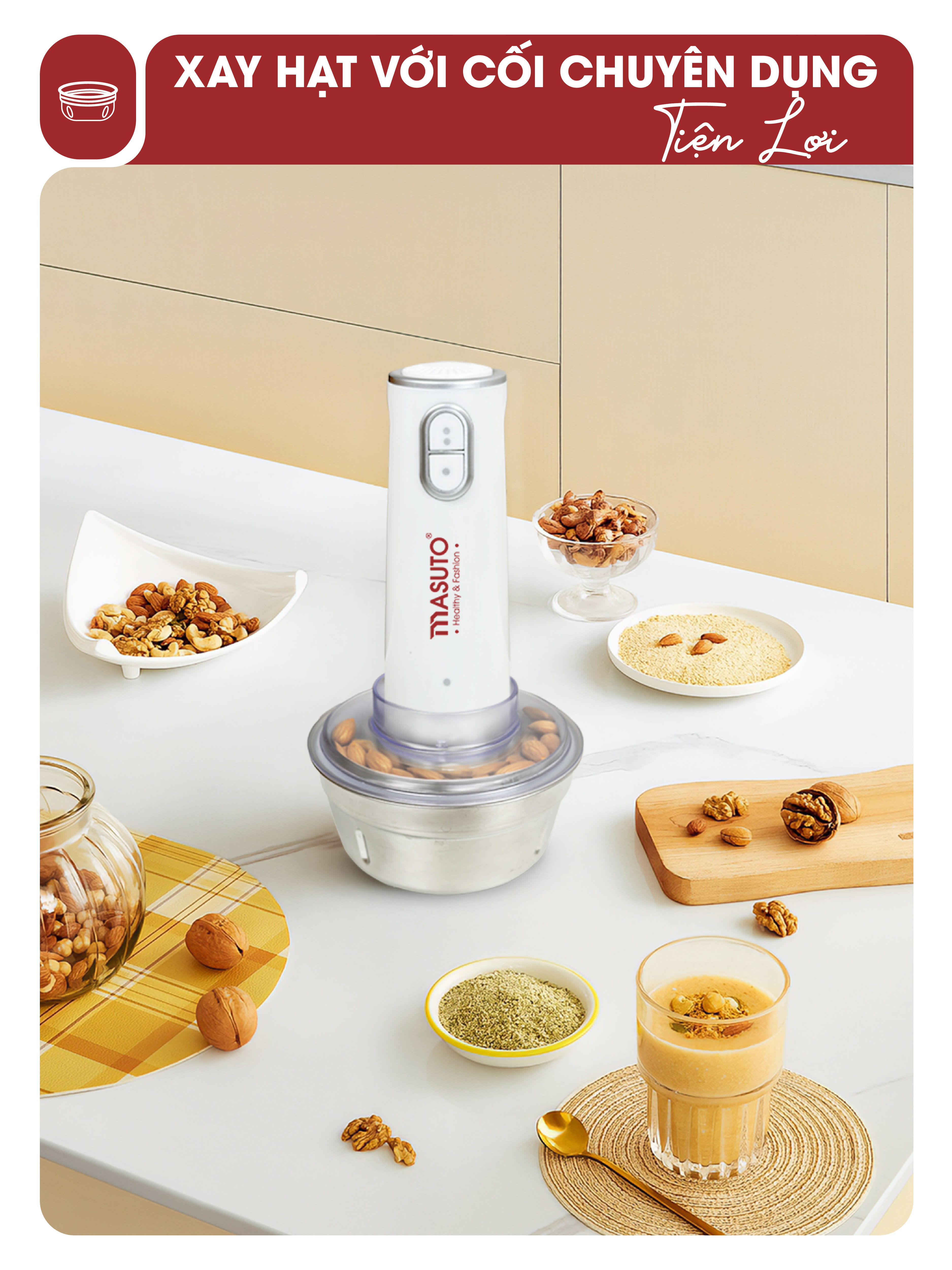 Máy xay thịt đa năng Masuto Fivestar 1L cối thủy tinh, tặng cối xay hạt xay gia vị, xay khỏe siêu nhanh nhuyễn mịn - Hàng chính hãng