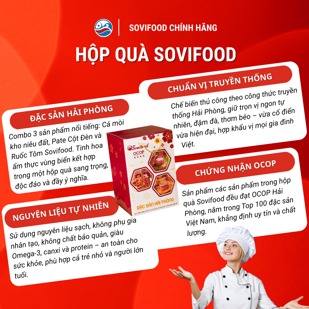 Hộp Quà Đặc Sản OCOP Hải Phòng Sovifood Cao Cấp – Cá Mòi Kho Niêu Đất 500G, Ruốc Tôm 200G, Pate Cột Đèn 570G – Quà Biếu Sang Trọng, Ý Nghĩa