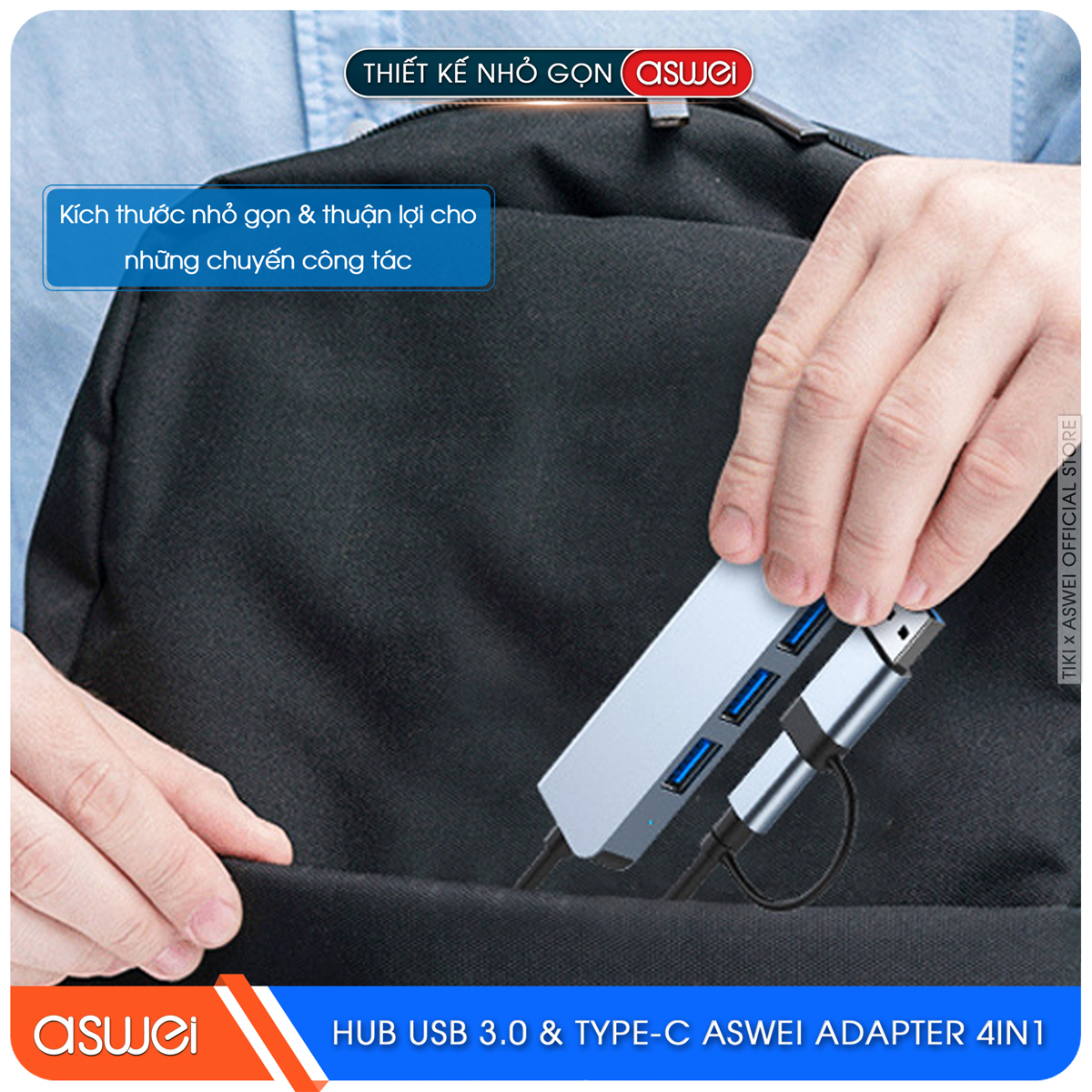 Hub USB 3.0 Và Hub Type C ASWEI 4 in 1 To 4 USB 3.0 - Hàng Chính Hãng