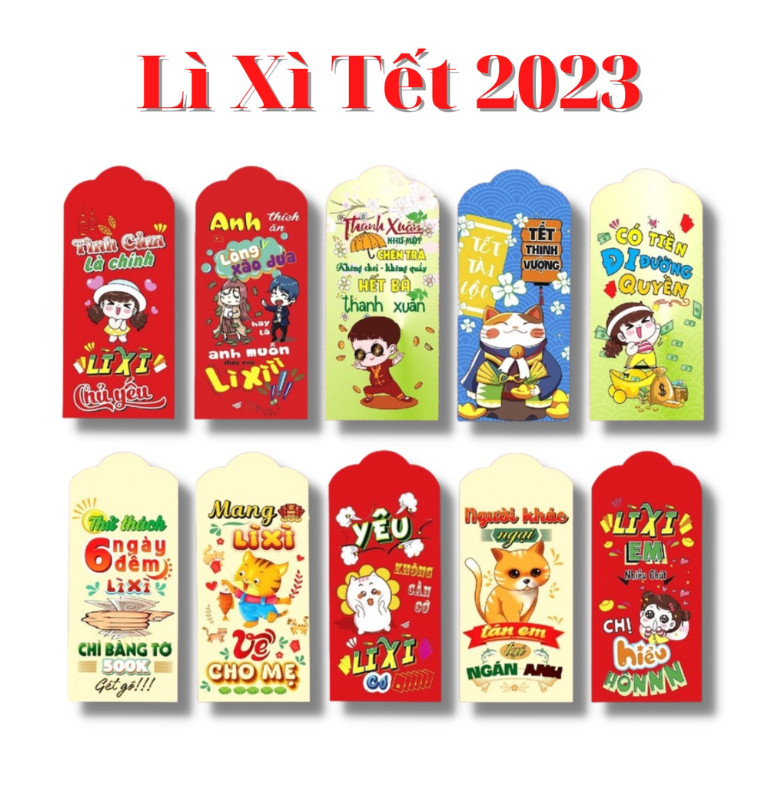 Bộ 10 Bao Lì Xì Tết Quý Mão 2023- Bao Lixi Tết Màu Đỏ- Xanh-Vàng Truyền Thống