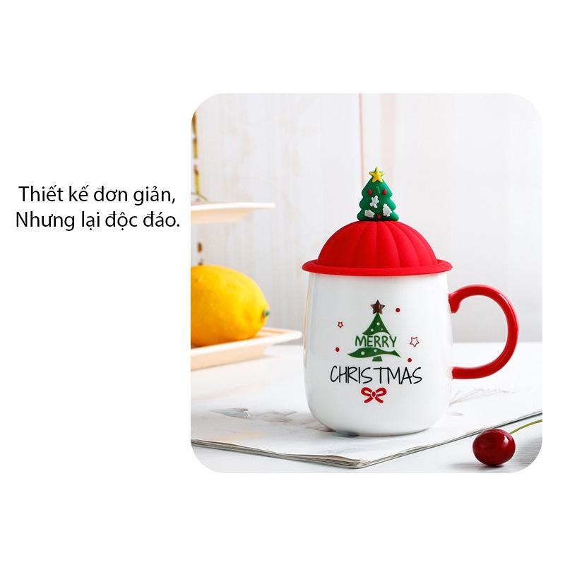 (Hàng Đẹp + Sẳn) Ly Gốm Sứ Merry Christmas, Xmas Kèm thìa nắp 420ML