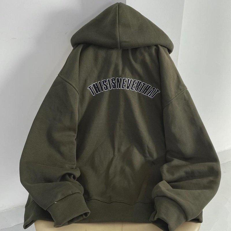 Áo Khoác Thisisneverthat Chữ Thêu Màu Rêu Unisex Nam Nữ Form Rộng Vải Mềm Mịn Phong Cách Ulzzang