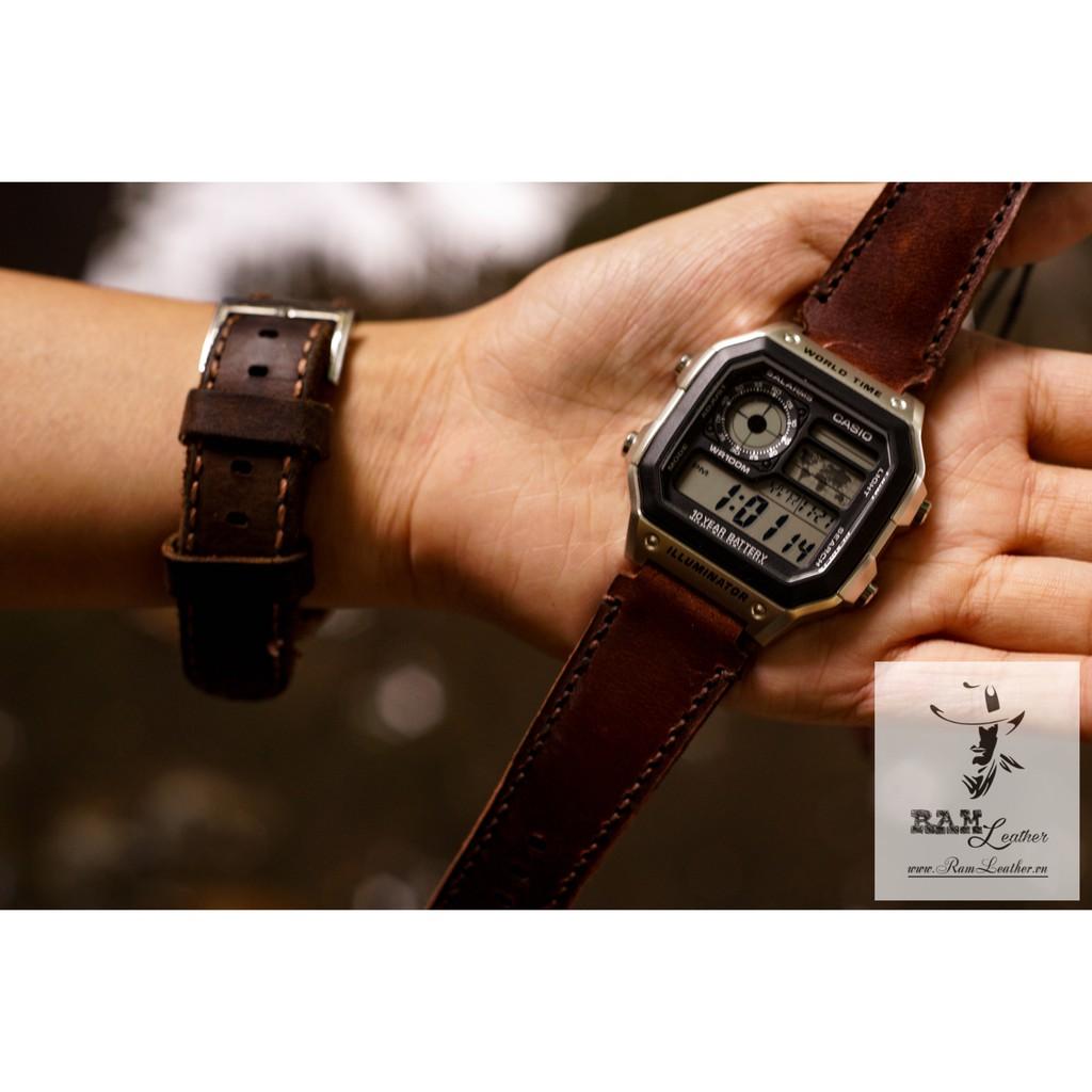 Dây đồng hồ da bò cho Casio AE1200 WHD và Seiko 5 37mm - Da bò nâu sáng