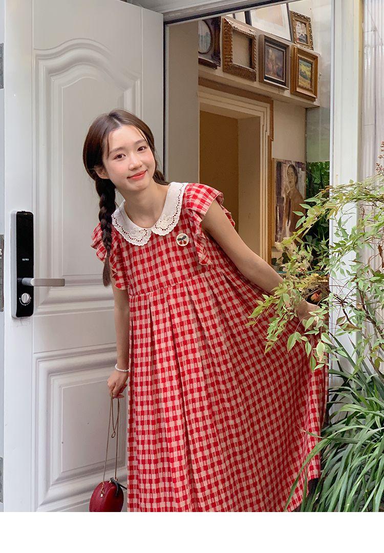 CHENGRUI Vintage búp bê cổ cherry thêu đầm mùa hè 2023 lỏng lẻo ngọt ngào thiết kế cảm giác váy sọc đỏ