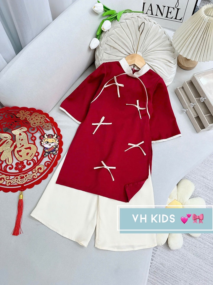 Bộ áo dài tết cho bé gái mẫu như ý xinh xắn diện năm mới từ 12-40kg hàng thiết kế cao cấp