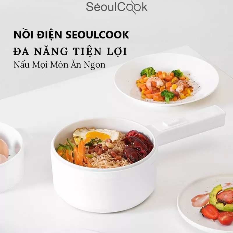 Nồi điện Seoulcook đa năng thông minh tráng men chống dính cao cấp công nghệ Hàn Quốc, kèm lồng hấp dùng nấu soup, chiên, rán…