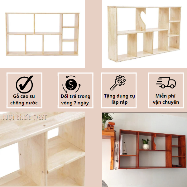 Kệ sách treo tường bằng gỗ cao su thiên nhiên,giá sách treo tường ngang 1M2 kệ trang trí chịu lực tốt