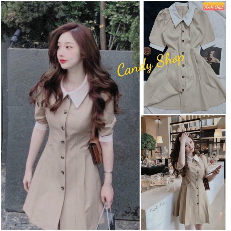 Đầm xoè thiết kế xếp ly cài nút tay phồng phom chuẩn mẫu