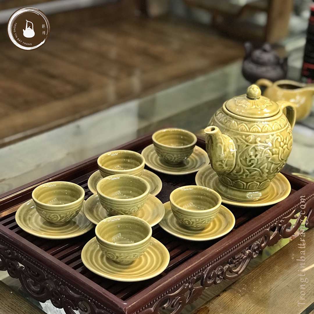 Bộ Ấm Chén Giả Cổ Thời Lý Bát Tràng Họa Tiết Hoa Sen Dáng Long Đán Dung Tích 650ml AHL 06