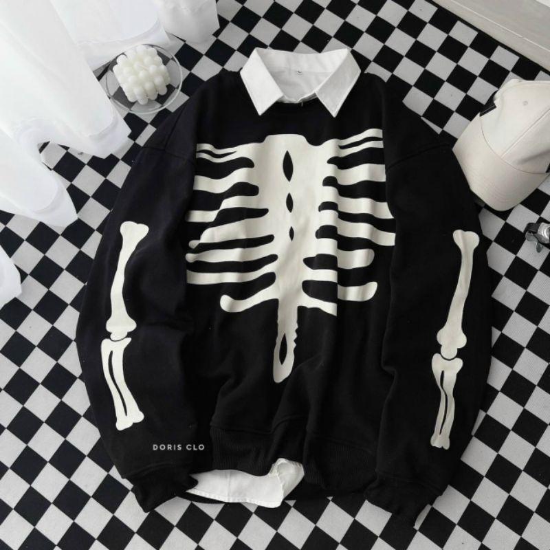 Áo sweater bộ xương the white_Mẫu Áo khoác nỉ chùm đầu form rộng giữ ấm kiểu bomber ullzang unisex nam nữ