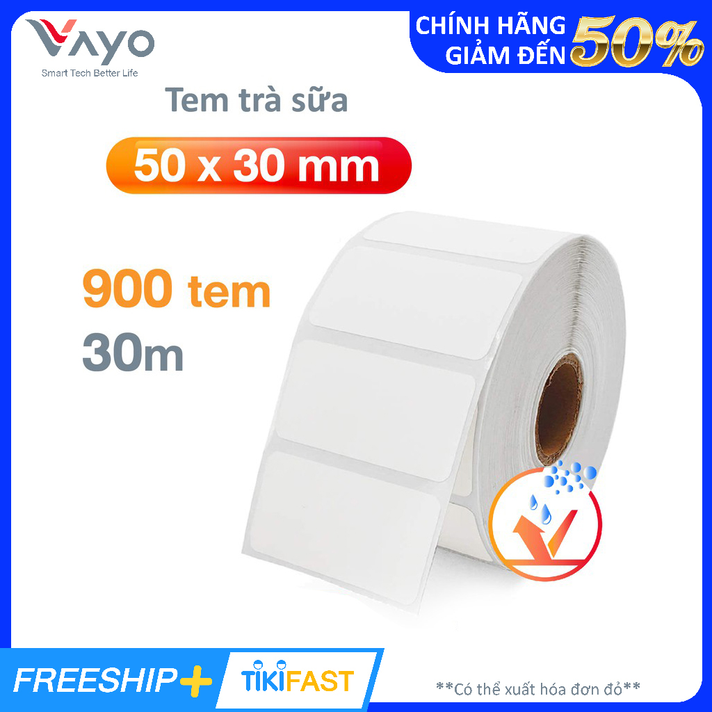 Tem nhiệt tự dính VAYO 50x30mm, cuộn 30m |  tem trà sữa, decal nhiệt