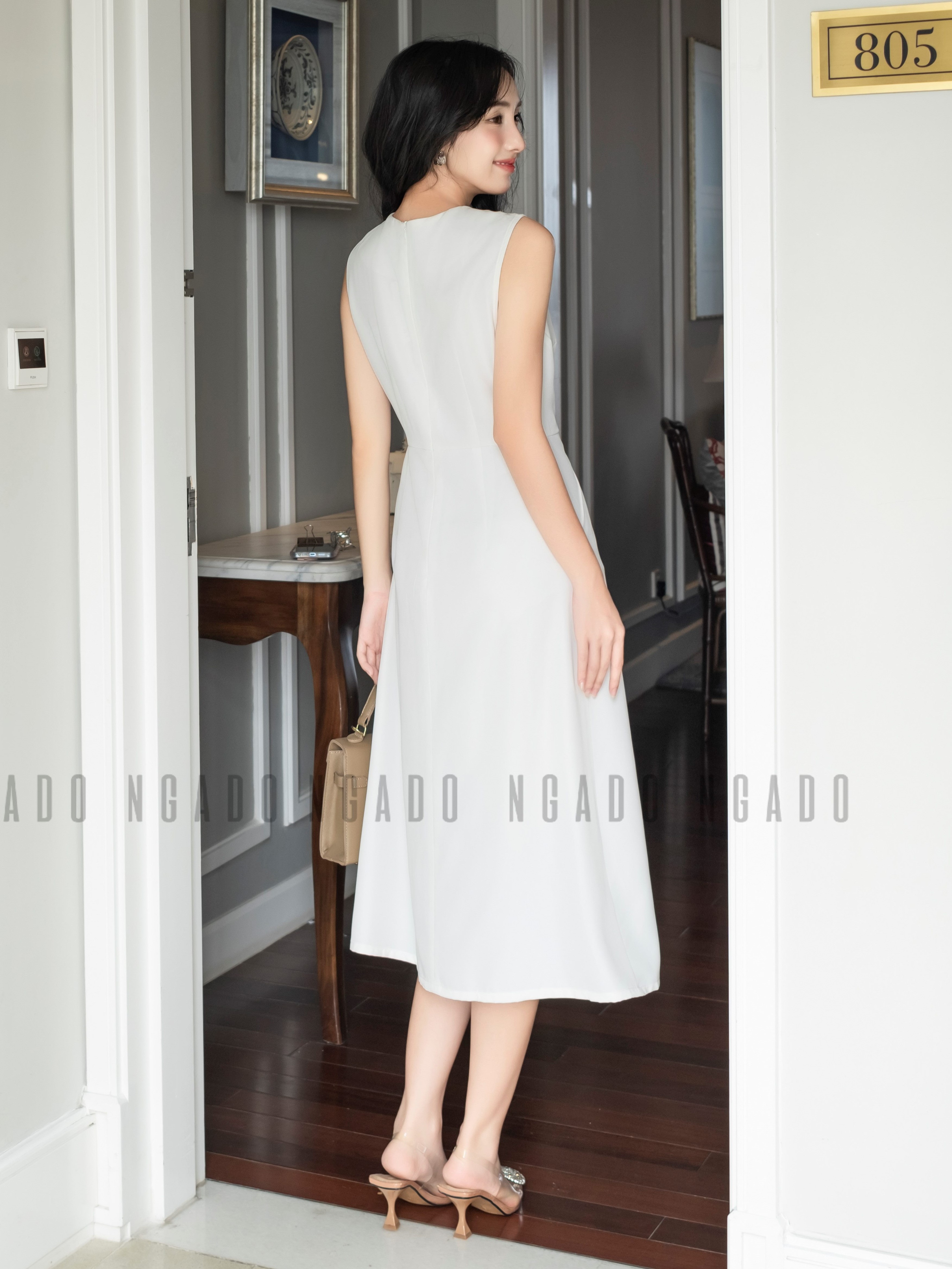 Đầm trắng túi xéo NGADO , đầm nữ , Đầm suông , Đầm dạo phố