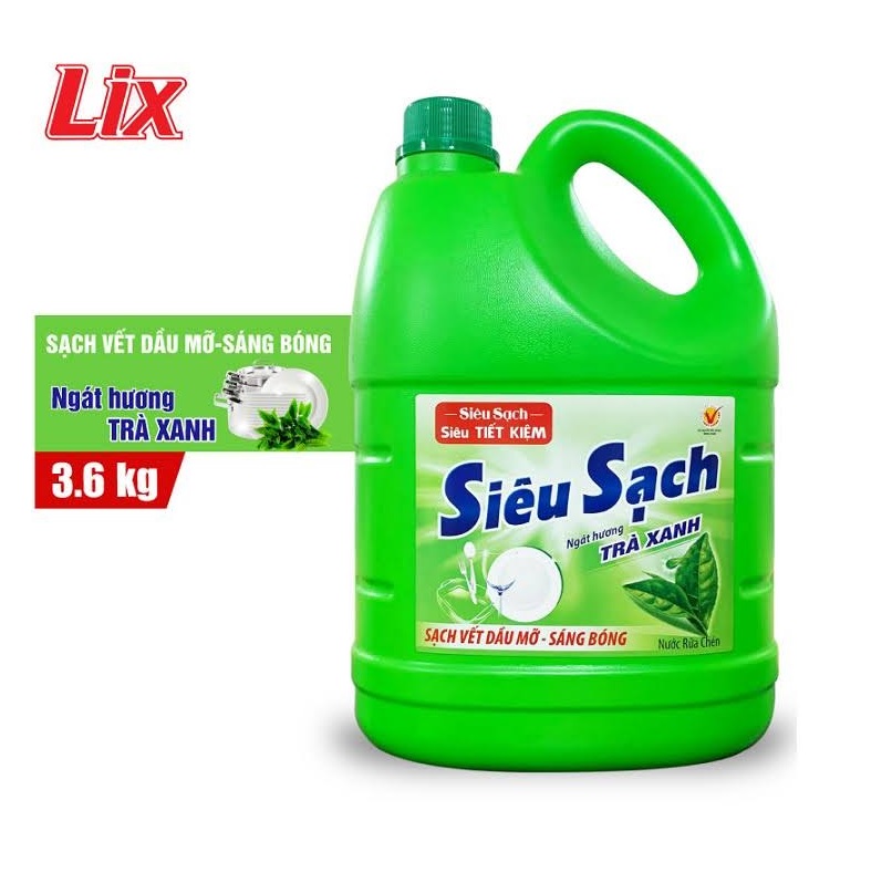 Nước rửa chén Lix siêu sạch hương trà xanh 3.6Kg N8105 thơm dịu sạch bóng vết dầu mỡ