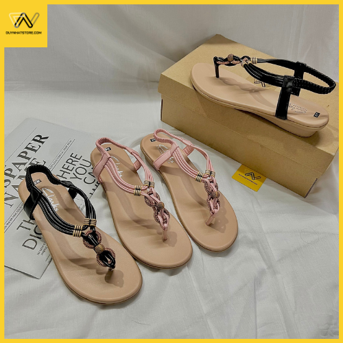 Giày Sandal Nữ Quai Kẹp Xỏ Ngón Màu Hồng Đen Dây Mảnh Nhỏ Duy Nhật Store Học Sinh Đi Học Bền Uzzang Chiến Thun Hạt Gỗ