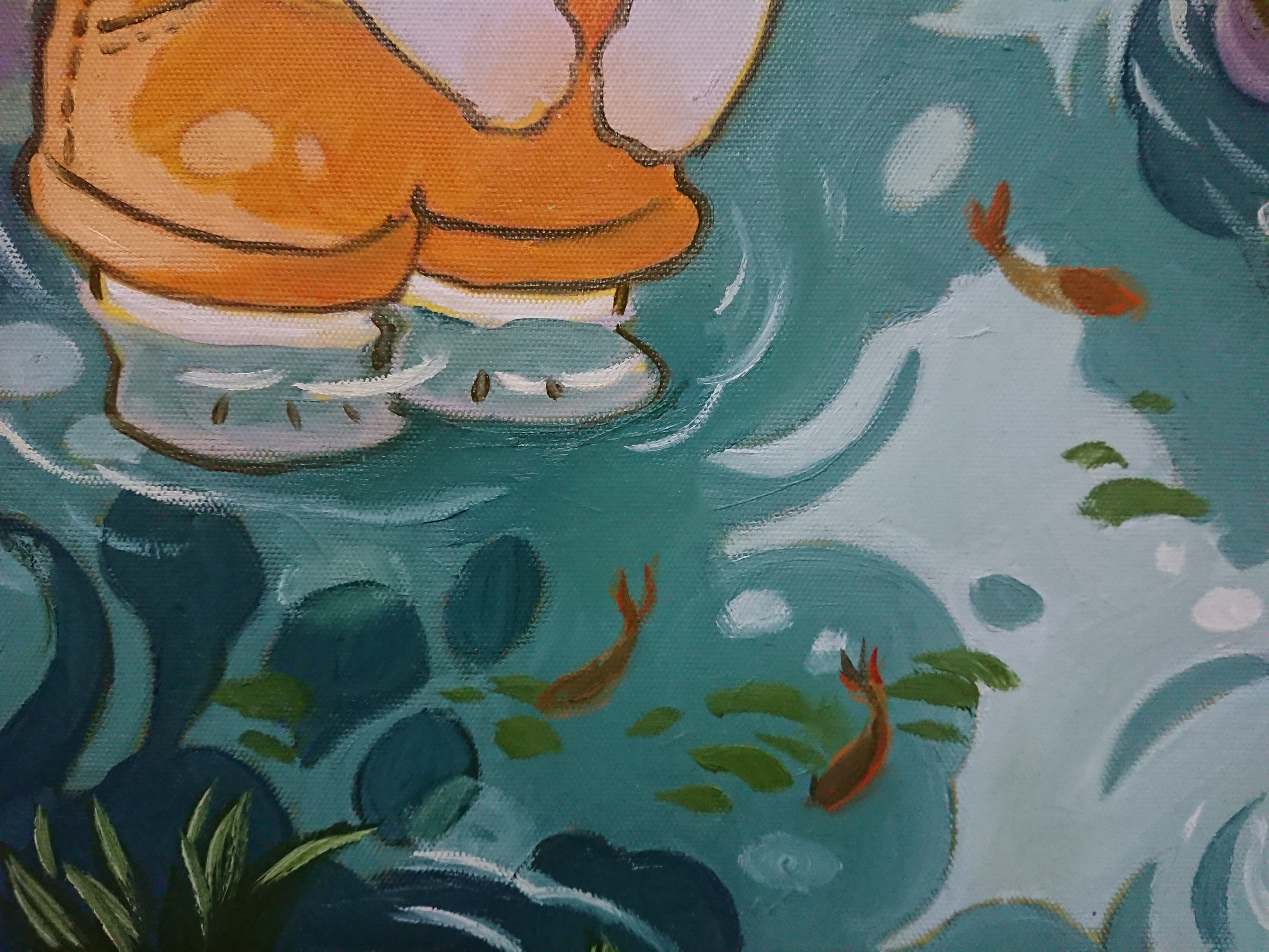 Tranh Sơn Dầu Vẽ Tay 40x50cm - Nghịch Nước (Tranh bé và gấu)