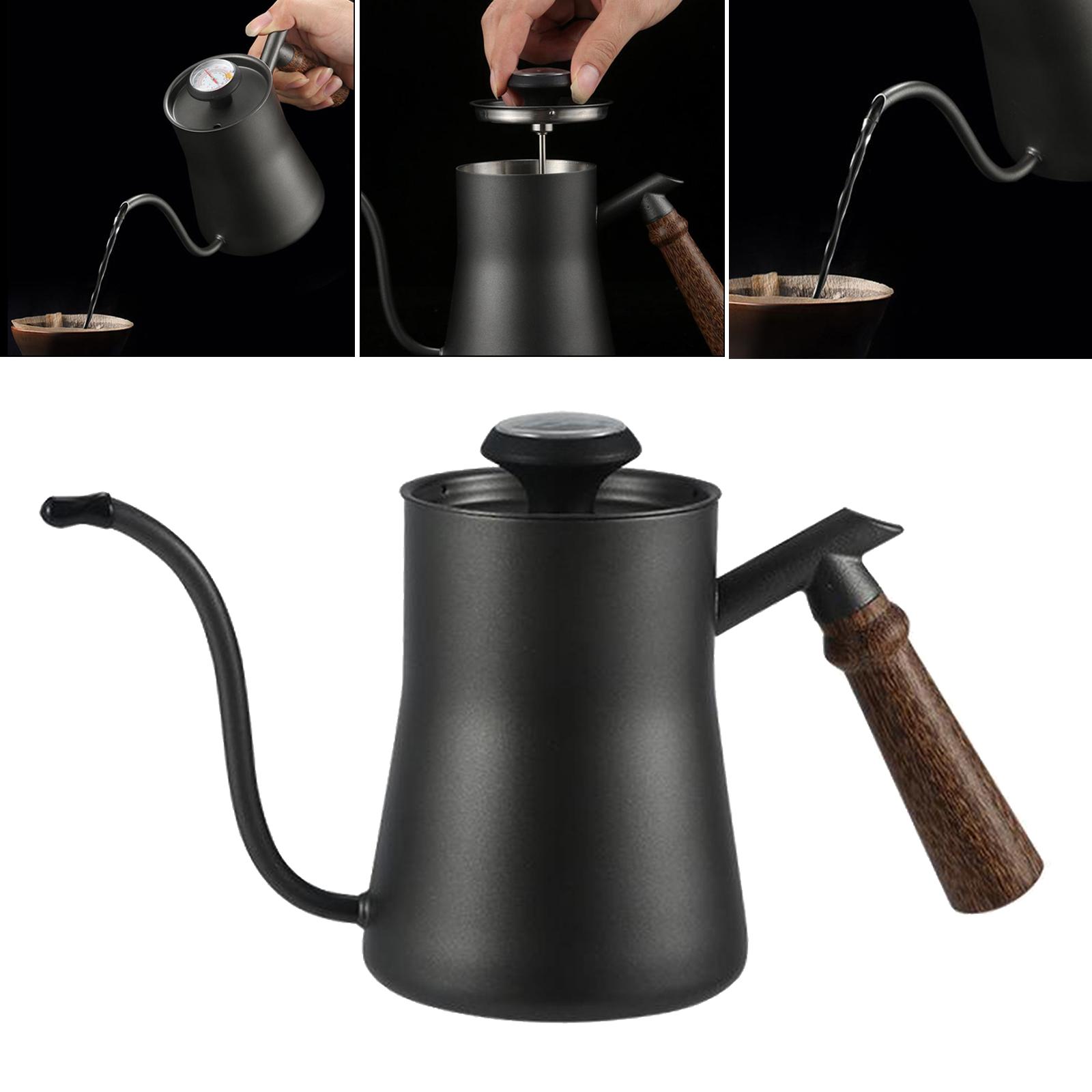 650ml Stainless Steel Gooseneck Kettle with Thermometer, Drip Over Coffee Kettle, Anti-scalding Wooden Handle and Lid , for Coffee Tee Service