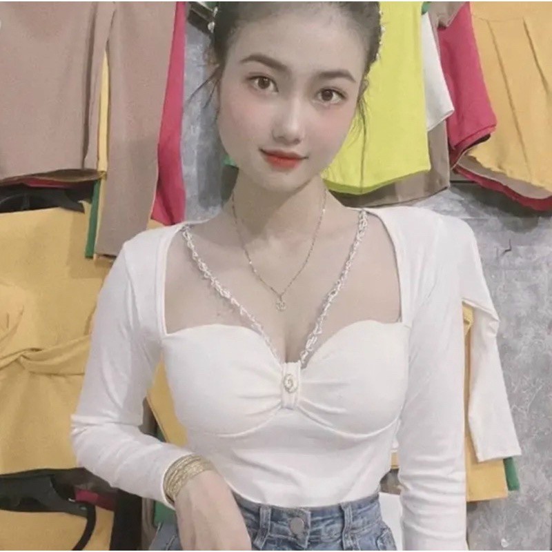 Áo Croptop Ôm Tay Dài Kiểu Dáng Trơn Basic Phối Xích , Mút Ngực - Vải Thun Cotton Dày Mịn Màu Đen Trắng Sexy