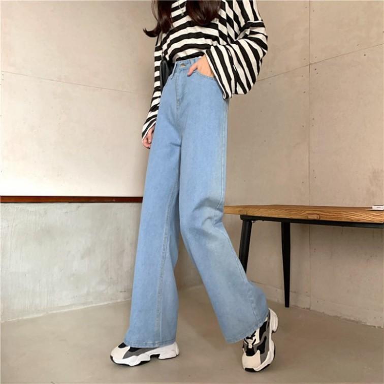 Quần Jeans Ống Rộng Size S M L QJ002 / Ống Suông Lưng Cao Qua Rốn - Không Giãn - ĐEN TRƠN