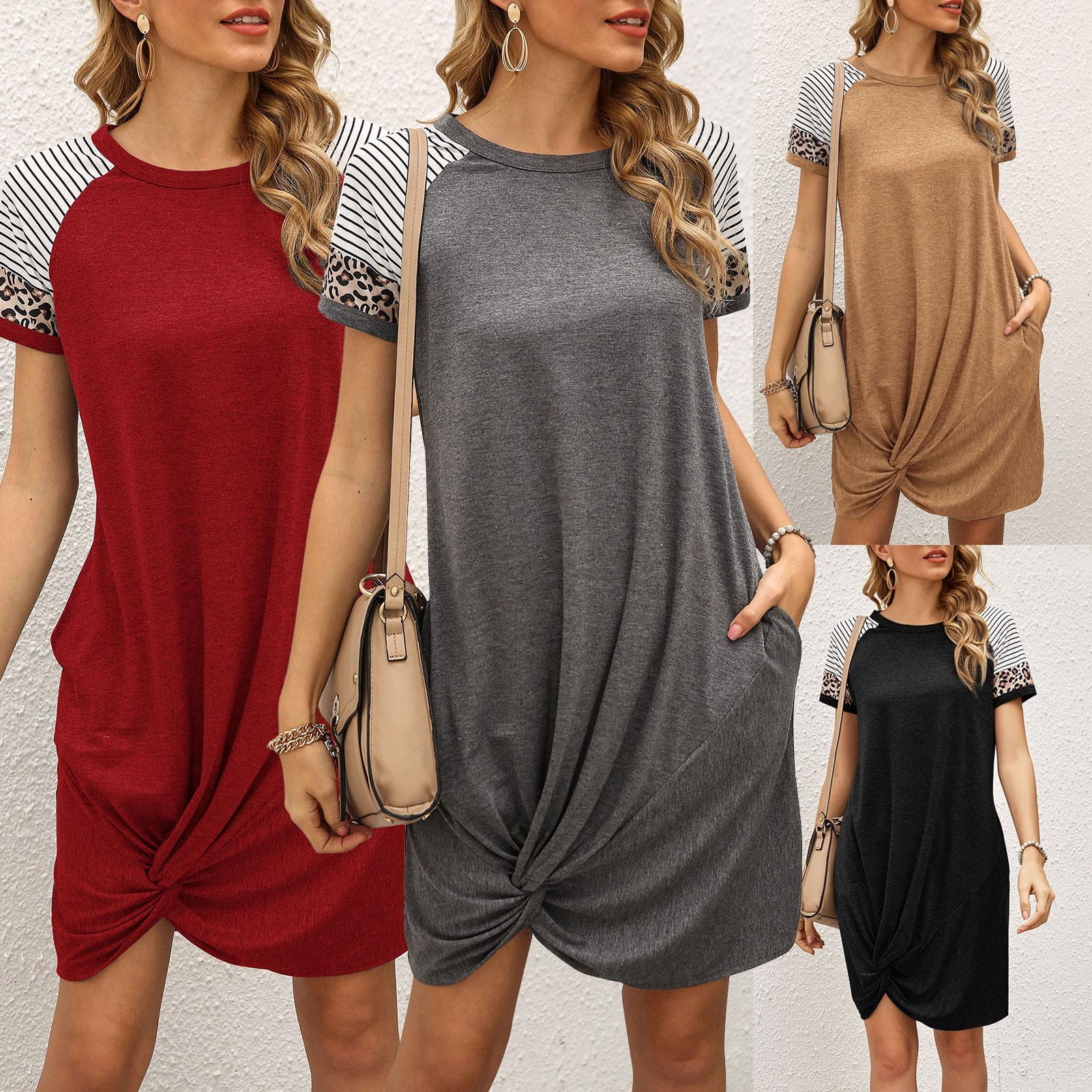 Fashion Women Summer Spliced Dress Leopard Striped O Neck Short Sleeve Pocket Twist Casual T-Shirt Dress