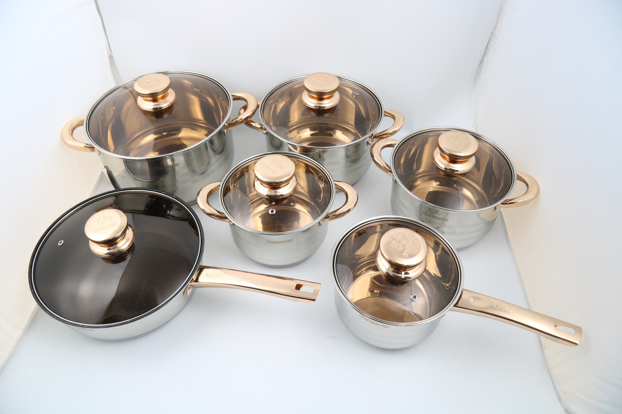 Bộ 6 Nồi Chảo Inox 5 Đáy Eb EBBERG EB-811 (EB-813/EB-8013/EB-8013B) Dùng Mọi Bếp - Hàng Chính Hãng