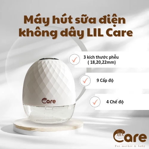 Máy hút sữa điện không dây Lilcare, tích hợp pin, phễu silicon y tế 3 size (18mm, 20mm, 22mm) mềm mại, êm ái