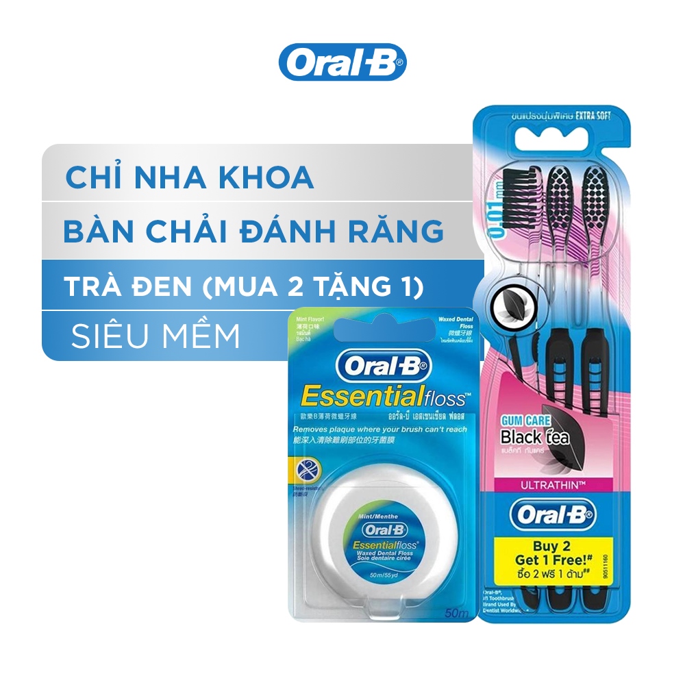 Combo Chăm Sóc Răng Miệng Toàn Diện (Vỉ 3 Bàn Chải Đánh Răng ORAL-B Trà Đen (Mua 2 Tặng 1) + Chỉ Nha Khoa ORAL-B Essential Mint (Hộp 50m))