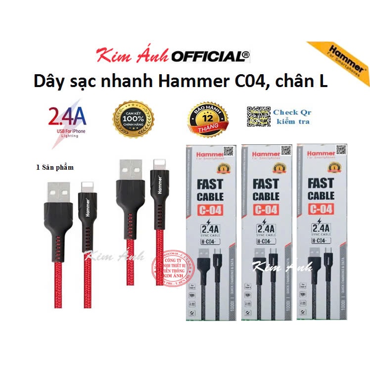 Dây sạc nhanh Ham mer C04 các loại chân cắm I, dòng điện 5v-2.4A, dây bện dù, hàng chính hãng check Qr