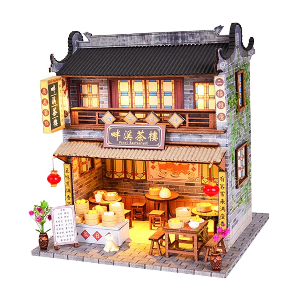 1/24 DIY Miniature Dollhouse Creative Teahouse with Furniture LED Lights Toy