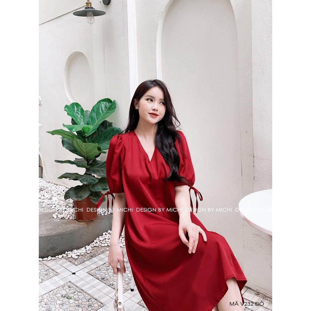 Váy thiết kế, dáng suông cổ V, tay nơ, đầm dáng xuông rộng, freesize 3 màu Xanh - Nâu - Đỏ, mã V232 - Michi's House