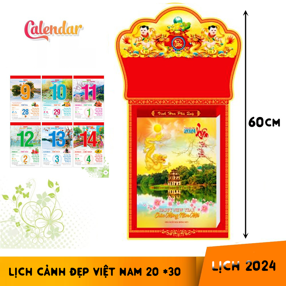 Lịch bloc 2024 Cảnh Đẹp Việt Nam loại lớn khổ mừng xuân Giáp Thìn kích thước chiều dài tổng 60cm Lịch Bloc Siêu Đại