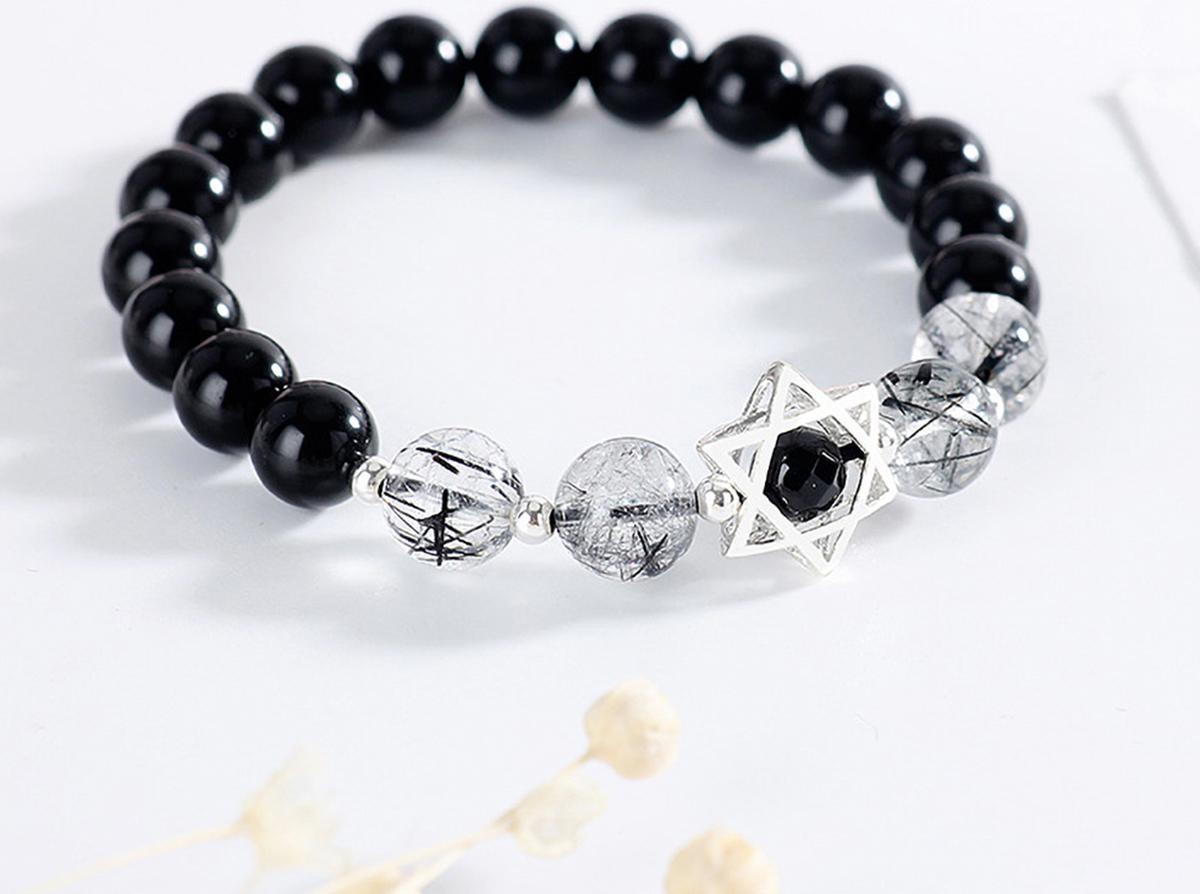 Vòng tay đá Obsidian phối thạch anh tóc đen mệnh thủy, mộc - Ngọc Quý Gemstones