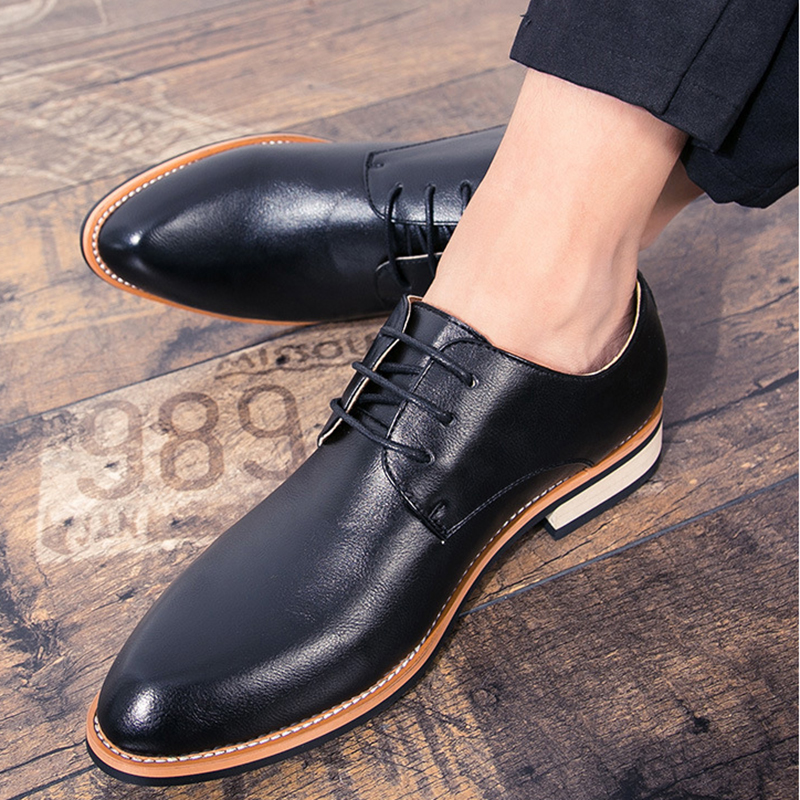 Men's Business Office Leather Lace-Up Shoes Breathable Round Head Large Size Formal Men's Shoes